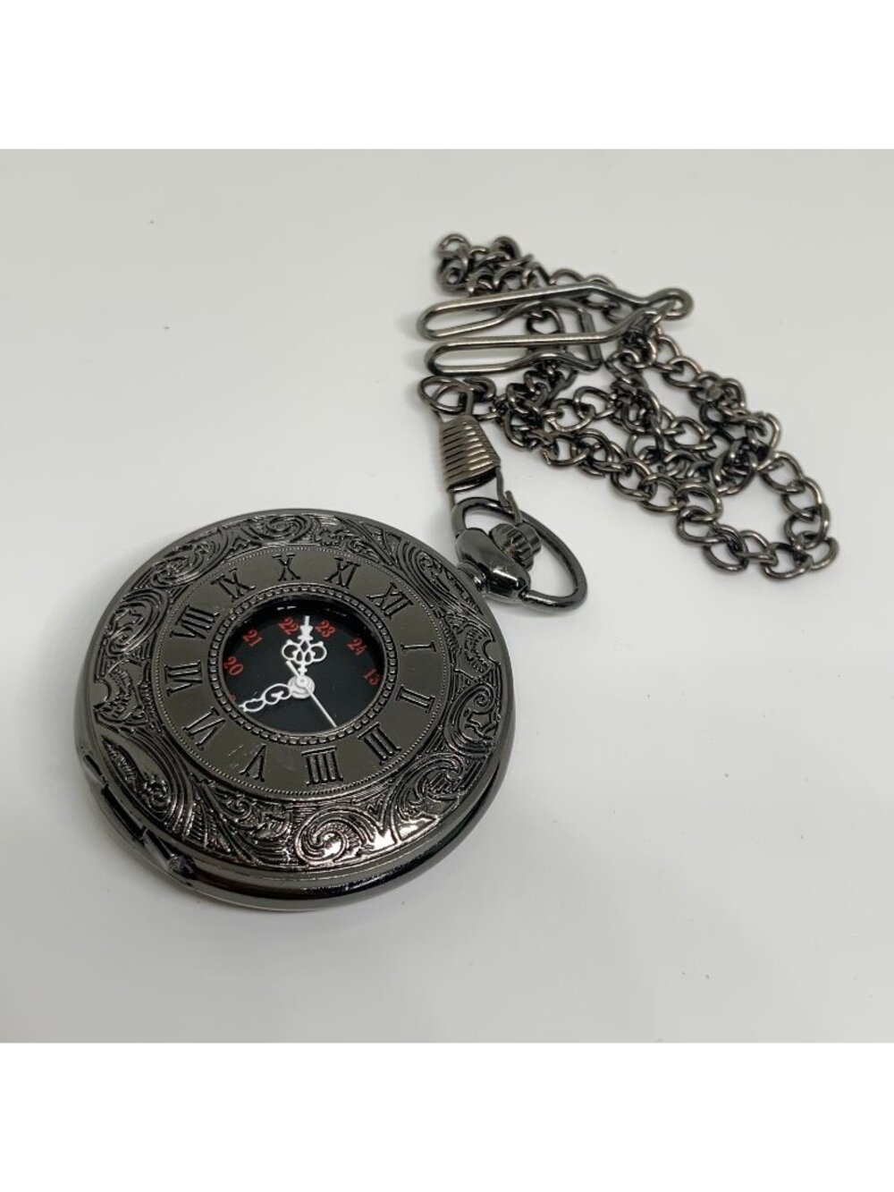Black tone pocket watch 47mm quartz analog SilverTone Roman indices running